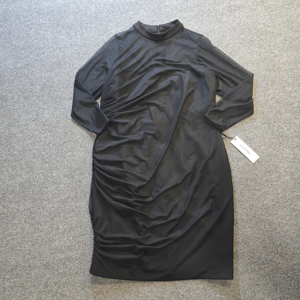 Calvin Klein Dress Womens Size 20W Black Sheer Sleeve Fitted Ruched Cocktail